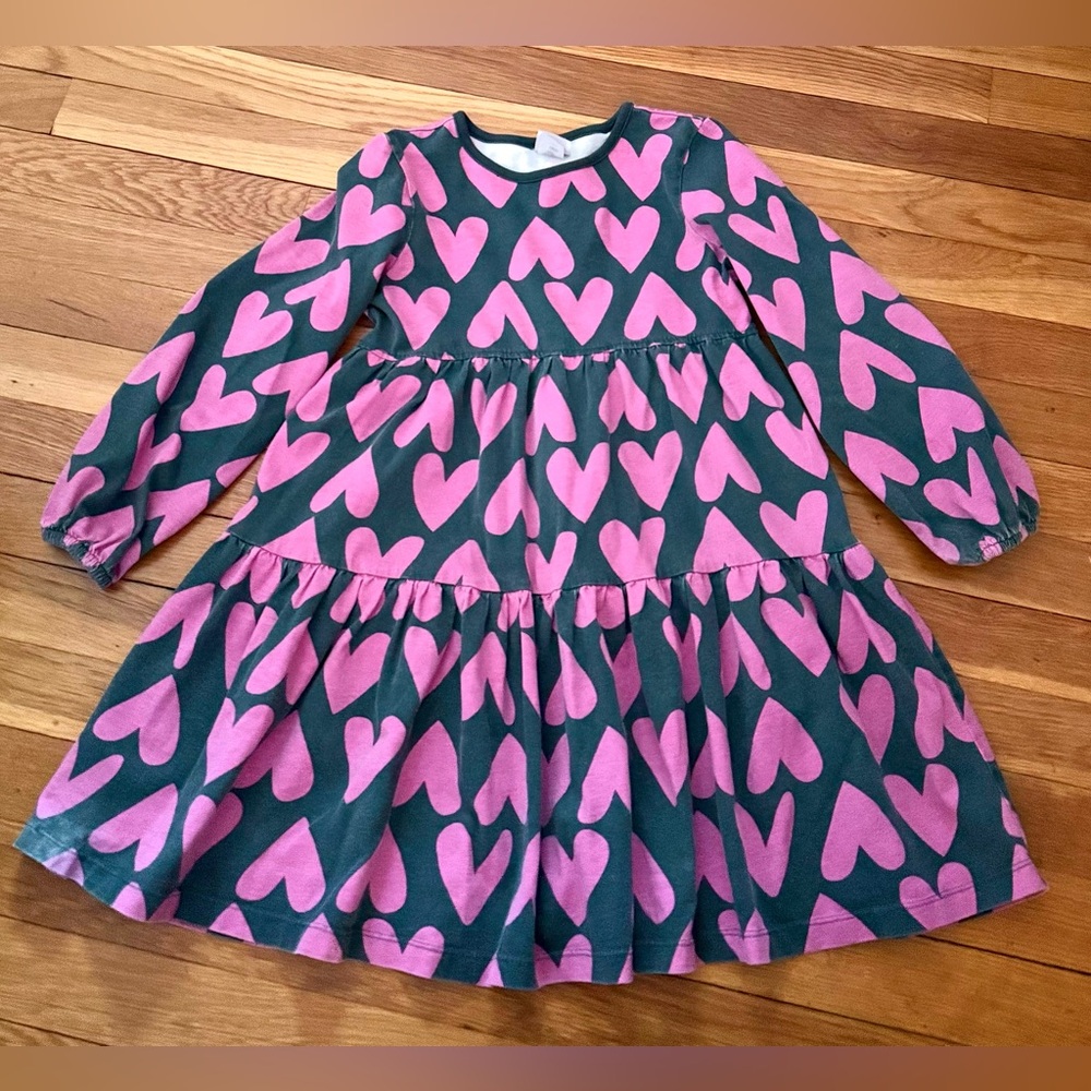 Hanna Andersson Girls’ 120/6-7 Tiered Juniper Hearts on Hearts Print Dress